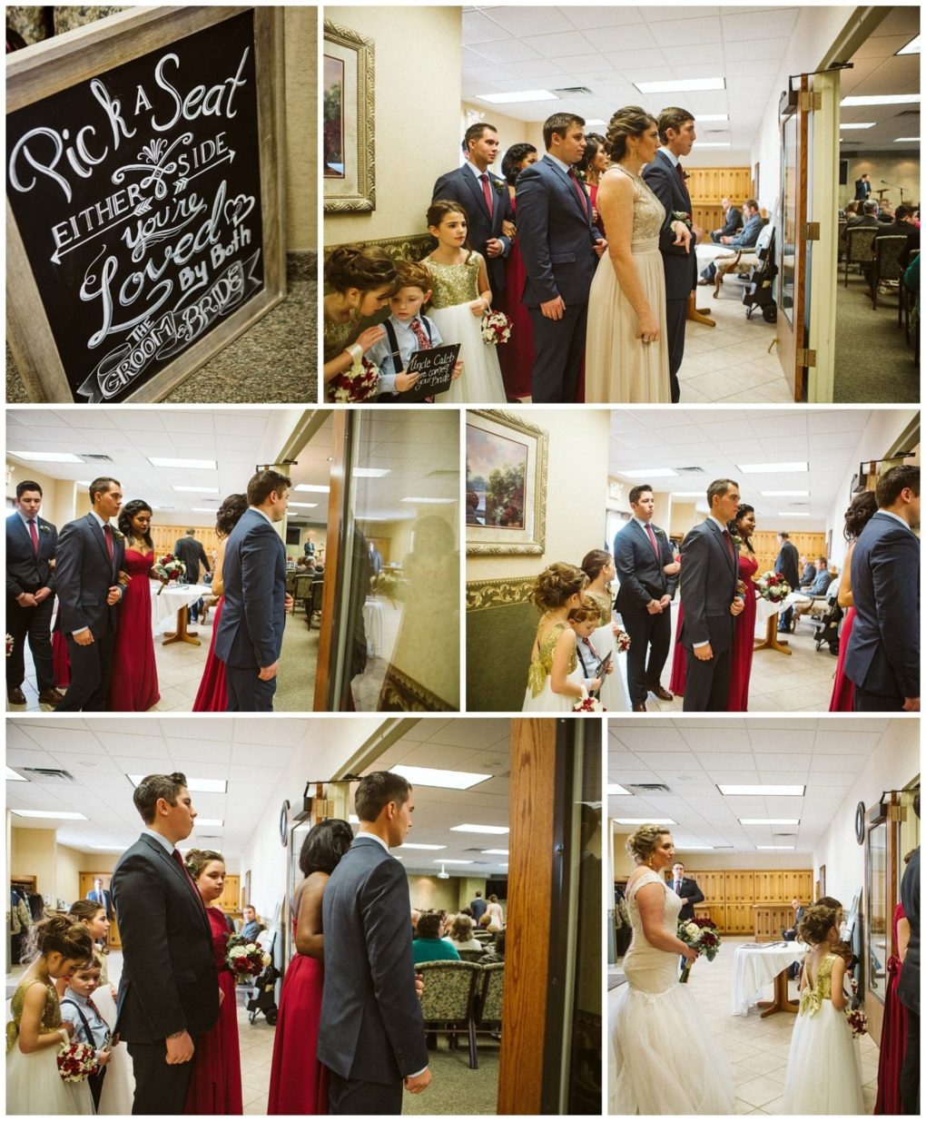 Premier snohomish & seattle wedding photographer | gsquared weddings photography a bridal party including bridesmaids in red and beige and groomsmen in suits waits in a hallway at a snohomish seattle wedding A sign reads pick a seat either side youre loved by both  guests are seated inside the ceremony room | serving snohomish seattle                   & beyond