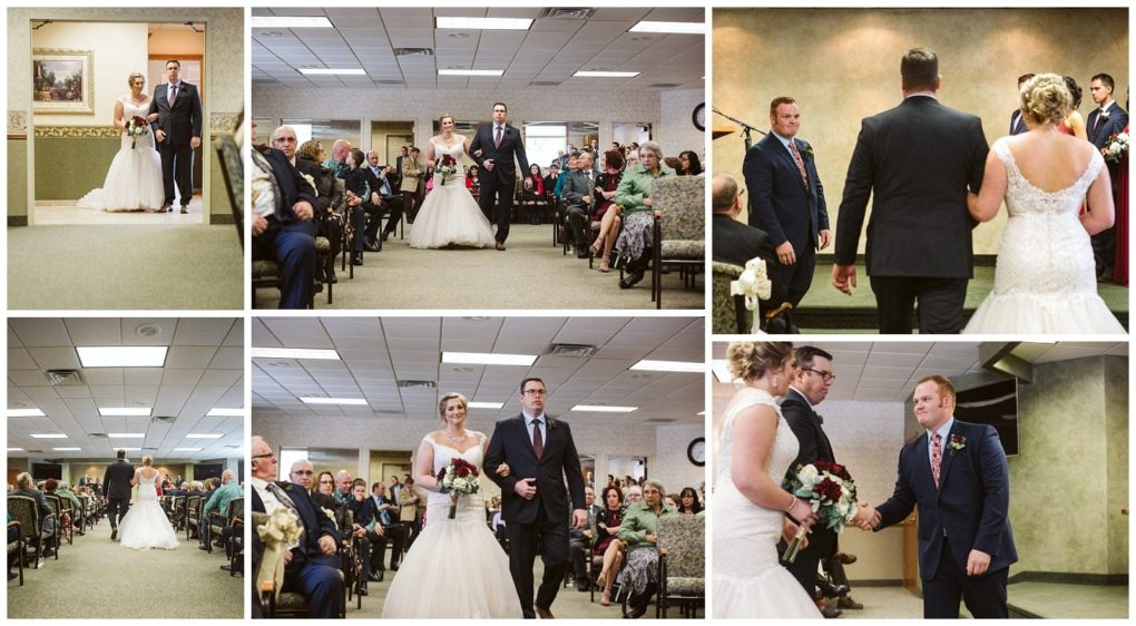 Premier snohomish & seattle wedding photographer | gsquared weddings photography a bride in a white gown walks down the aisle with a man in a suit at a snohomish wedding ceremony greeted by the groom and guests seated in a beautifully decorated indoor venue | serving snohomish seattle                   & beyond