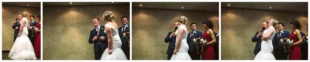 Premier snohomish & seattle wedding photographer | gsquared weddings photography a bride and groom stand with their bridal party laughing and exchanging smiles during a light hearted moment in their snohomish wedding ceremony The setting is indoors with neutral colored walls | serving snohomish seattle                   & beyond