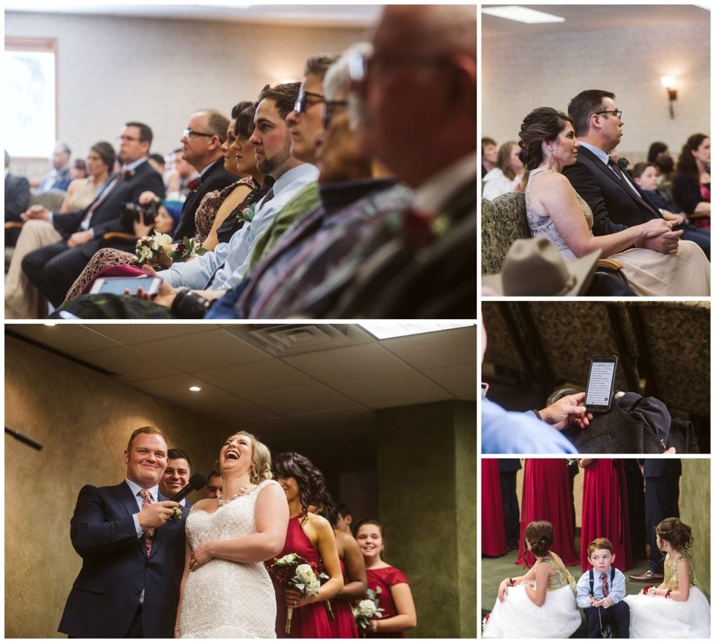 Premier snohomish & seattle wedding photographer | gsquared weddings photography a collage of snohomish wedding moments guests seated and watching a bride and groom laughing during the ceremony bridesmaids in red dresses a woman using a phone and a young boy and girl sitting together | serving snohomish seattle                   & beyond