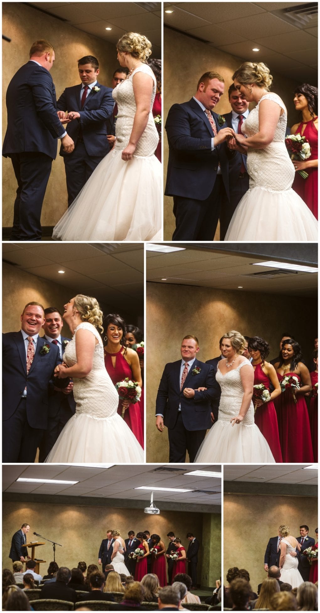 Premier snohomish & seattle wedding photographer | gsquared weddings photography a bride and groom exchange rings and smile during their snohomish wedding ceremony accompanied by bridesmaids in red dresses and groomsmen in suits while guests watch in a beautifully decorated indoor venue near seattle | serving snohomish seattle                   & beyond