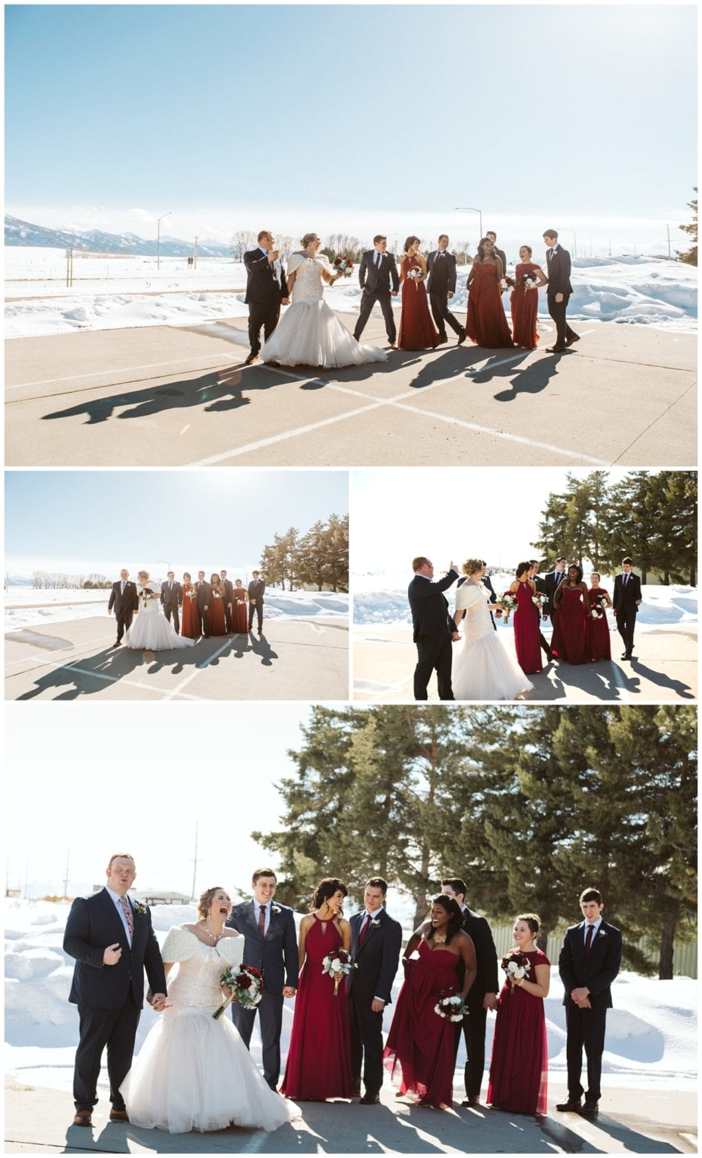 Premier snohomish & seattle wedding photographer | gsquared weddings photography a bride and groom walk with their wedding party outdoors on a sunny snowy day in snohomish The bridesmaids wear red dresses the groomsmen dark suits Everyone is smiling and holding bouquets at this beautiful seattle wedding | serving snohomish seattle                   & beyond