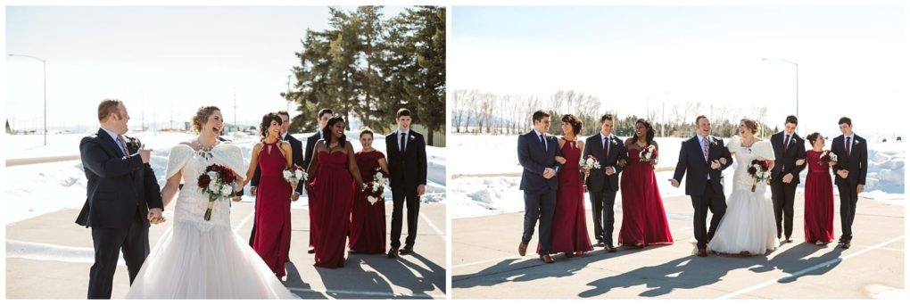 Premier snohomish & seattle wedding photographer | gsquared weddings photography two side by side photos of a snohomish wedding party in formal attire walking outdoors on a sunny winter day The bride wears white bridesmaids in burgundy and groomsmen in dark suits with snowy seattle scenery in the background | serving snohomish seattle                   & beyond