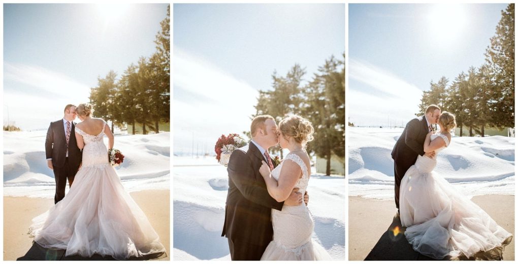 Premier snohomish & seattle wedding photographer | gsquared weddings photography three photos of a bride and groom in wedding attire on a snowy landscape near snohomish surrounded by evergreens Under the bright sun they hold hands kiss and embrace affectionatelycapturing a magical seattle wedding moment | serving snohomish seattle                   & beyond