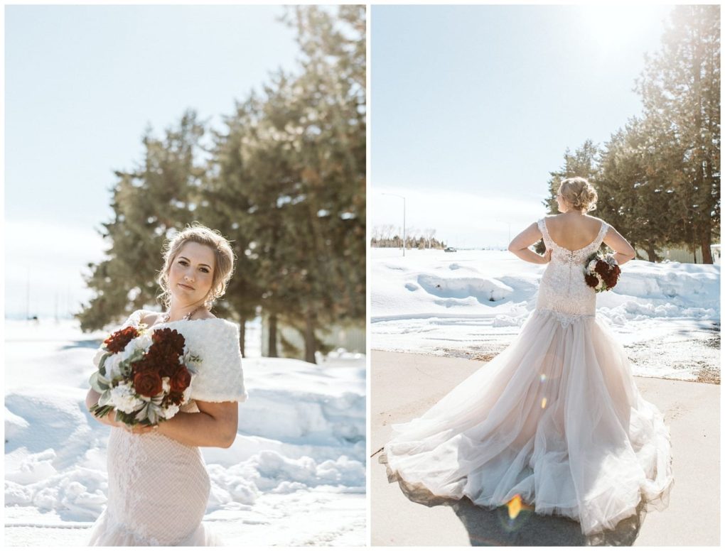 Premier snohomish & seattle wedding photographer | gsquared weddings photography a bride in a lace gown holds a bouquet of red and white flowers standing outside on a sunny snowy day in snohomish One photo shows her facing forward the other from behind with snow covered trees perfect for a seattle wedding | serving snohomish seattle                   & beyond