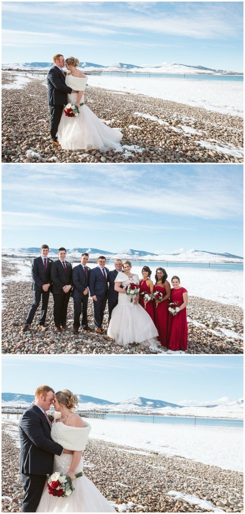 Premier snohomish & seattle wedding photographer | gsquared weddings photography a snohomish bride and groom pose on a snowy rocky lakeshore with mountains beyond next they stand with their wedding party in suits and red dresses then the couple embraces holding a bouquet of red and white flowers | serving snohomish seattle                   & beyond