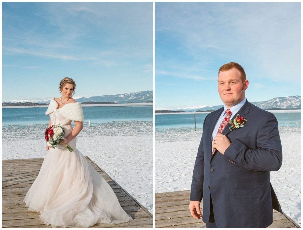 Premier snohomish & seattle wedding photographer | gsquared weddings photography split image on the left a bride in a white gown and fur wrap holds a bouquet standing on a snowy dock by a lake On the right a groom poses with snowy mountains and water behind hima magical snohomish seattle wedding scene | serving snohomish seattle                   & beyond