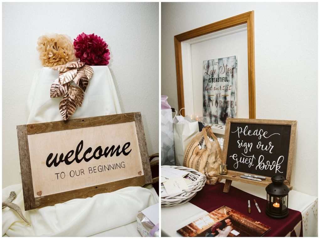 Premier snohomish & seattle wedding photographer | gsquared weddings photography a snohomish wedding welcome display features a welcome to our beginning sign with flowers and leaves and a please sign our guest book sign beside a framed quote gifts and a small lantern on the table | serving snohomish seattle                   & beyond