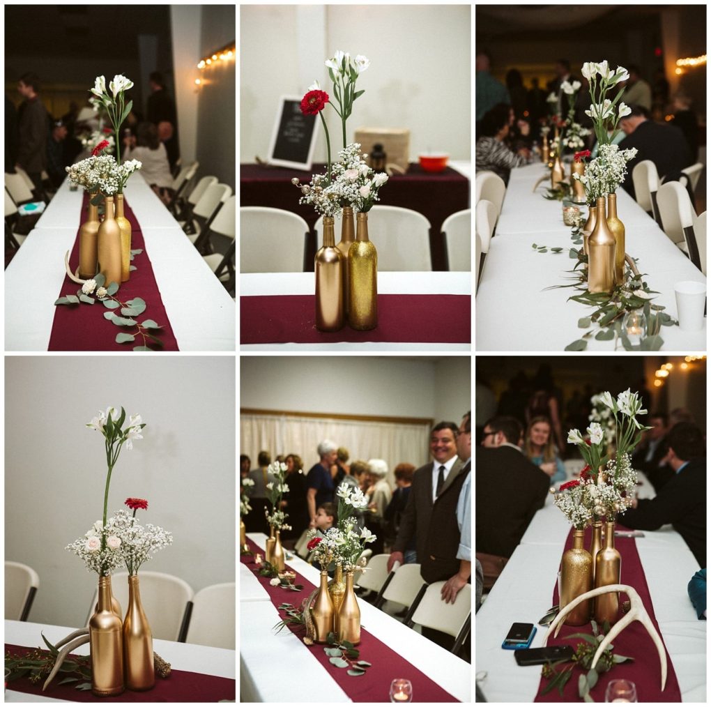 Premier snohomish & seattle wedding photographer | gsquared weddings photography a collage of six photos showing tables at a snohomish seattle wedding decorated with gold painted bottles holding white and red flowers babys breath greenery burgundy runners and antler accents at an indoor event | serving snohomish seattle                   & beyond
