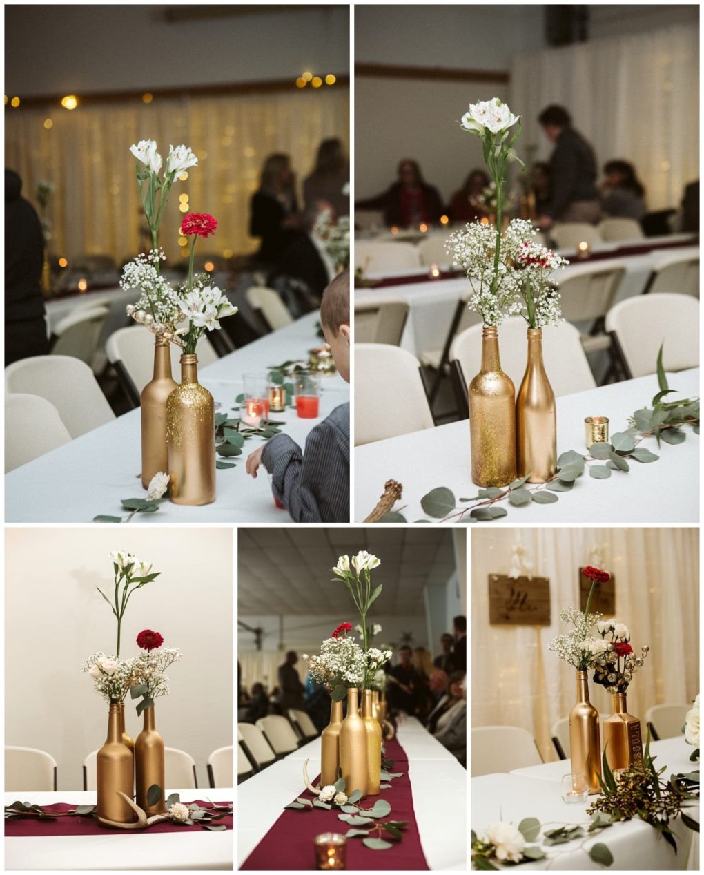 Premier snohomish & seattle wedding photographer | gsquared weddings photography a collage of snohomish seattle wedding table centerpieces with gold painted bottles holding white and red flowers babys breath and greenery arranged on white or burgundy runners in a beautifully decorated event hall | serving snohomish seattle                   & beyond