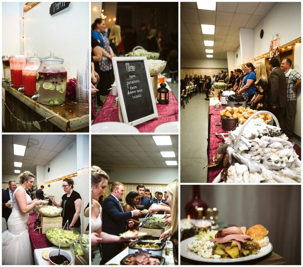 Premier snohomish & seattle wedding photographer | gsquared weddings photography a collage of buffet style snohomish wedding reception photos with drinks in dispensers a chalkboard menu guests serving themselves food the bride mingling and close ups of plated food in a brightly lit hall | serving snohomish seattle                   & beyond