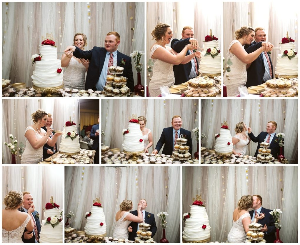 Premier snohomish & seattle wedding photographer | gsquared weddings photography a bride and groom laugh and feed each other cake at their snohomish wedding reception standing by a tiered white cake with red flowers and a cupcake display surrounded by elegant white and gold decor | serving snohomish seattle                   & beyond