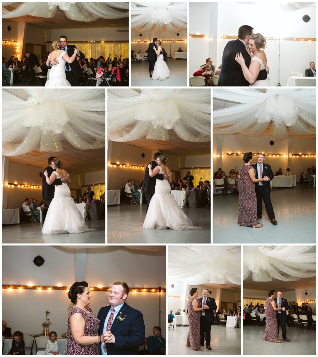 Premier snohomish & seattle wedding photographer | gsquared weddings photography a collage of snohomish wedding reception photos shows the bride and grooms first dance the bride dancing with her father the groom dancing with his mother and guests watching in a softly lit venue with draped white ceiling fabric | serving snohomish seattle                   & beyond