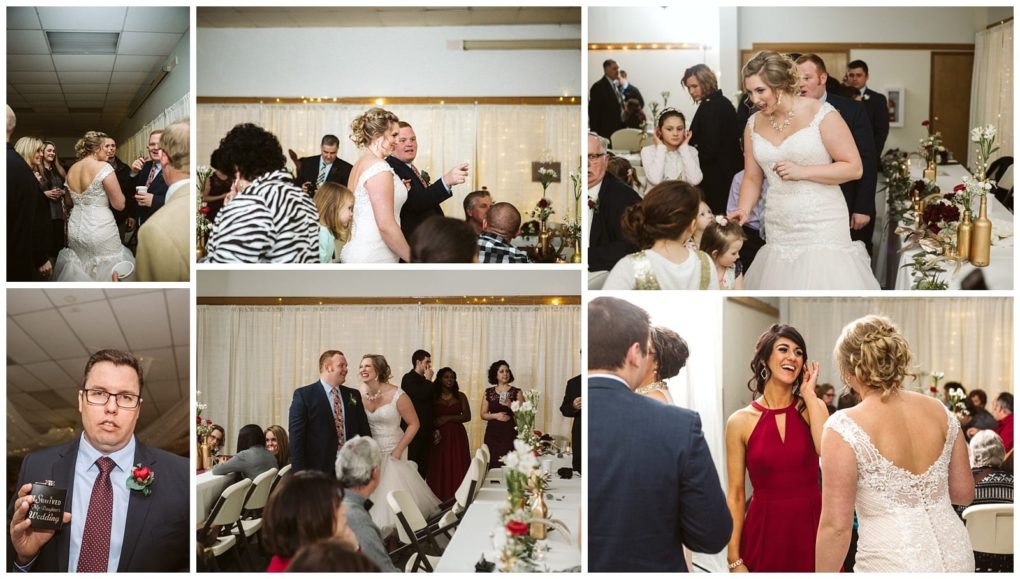 Premier snohomish & seattle wedding photographer | gsquared weddings photography a snohomish wedding reception collage brides in white dresses greet guests chat and smile People sit at decorated tables mingling and celebrating in a warmly lit venue One man in a suit holds a drink and looks at the camera | serving snohomish seattle                   & beyond