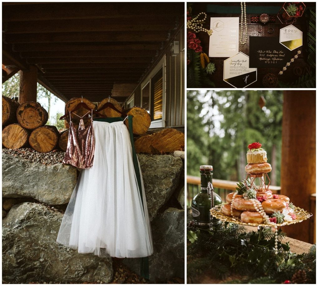 Premier snohomish & seattle wedding photographer | gsquared weddings photography a collage featuring a sequin top and tulle skirt hanging outdoors wedding invitations and jewelry laid out plus a dessert stand with stacked donuts adorned with flowersperfect inspiration for a snohomish seattle wedding or engagement | serving snohomish seattle                   & beyond