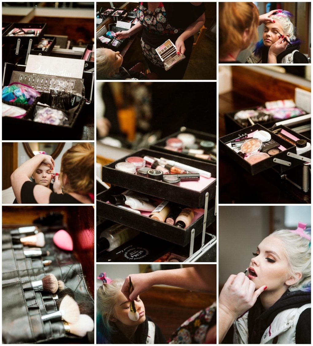 Premier snohomish & seattle wedding photographer | gsquared weddings photography a collage shows a makeup artist applying cosmetics to a woman for her snohomish seattle wedding Close ups of brushes palettes and products appear alongside shots of each step beautifully highlighting the bridal makeover process | serving snohomish seattle                   & beyond