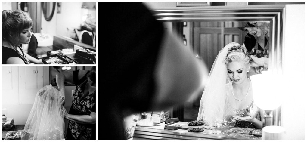 Premier snohomish & seattle wedding photographer | gsquared weddings photography a black and white collage captures a snohomish bride getting ready top left a woman applies makeup bottom left someone adjusts the brides veil right the bride sits at a mirror smiling wearing her veil and jewelry | serving snohomish seattle                   & beyond