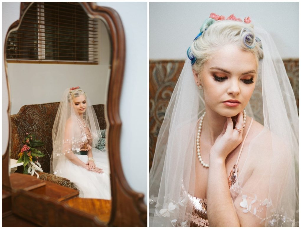 Premier snohomish & seattle wedding photographer | gsquared weddings photography a snohomish bride with blonde hair in colorful curlers wearing a veil pearl necklace and sequined dress sits on a vintage couch One photo shows her reflected in a mirror another is a close up of her calm expression | serving snohomish seattle                   & beyond