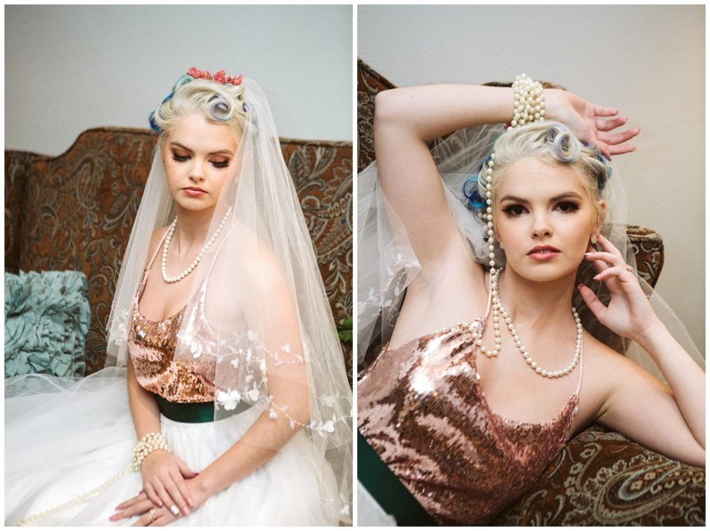 Premier snohomish & seattle wedding photographer | gsquared weddings photography a bride with vintage inspired hair blue highlights and red hair accessories poses in a sequined rose gold top white tulle skirt veil and pearl jewelry on a patterned couchcapturing seattle wedding engagement elegance | serving snohomish seattle                   & beyond