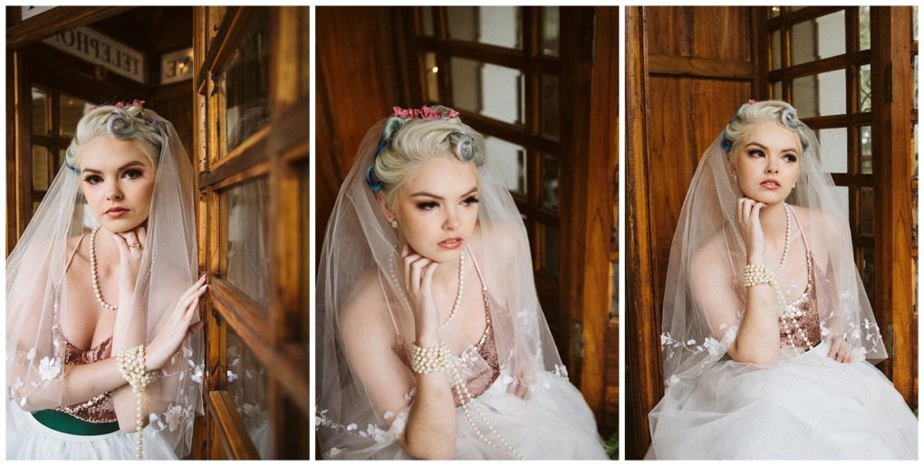 Premier snohomish & seattle wedding photographer | gsquared weddings photography a bride with vintage inspired hair pearl accessories and a white veil poses thoughtfully inside and near a wooden phone booth in three portrait style photos from a snohomish seattle wedding engagement | serving snohomish seattle                   & beyond