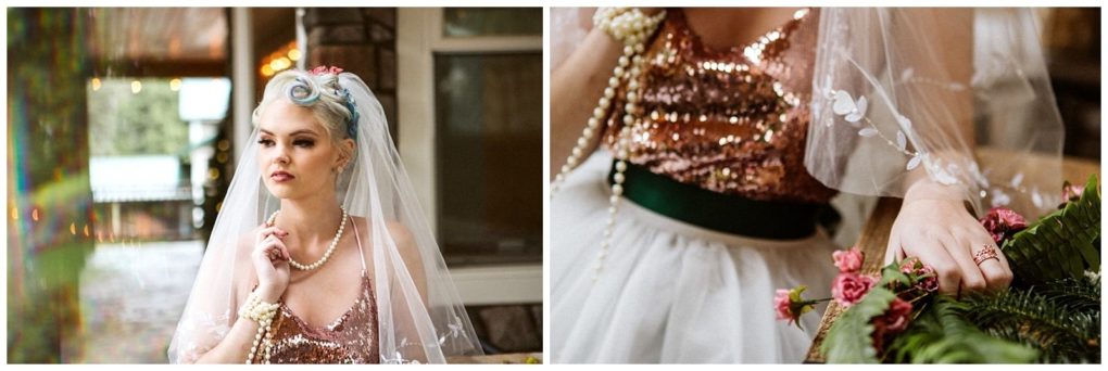Premier snohomish & seattle wedding photographer | gsquared weddings photography a bride with blue streaked hair shines in a sparkly rose gold top at her snohomish wedding Close up shows her holding a bouquet of pink flowers and ferns highlighting sequined details and pearls for her seattle engagement celebration | serving snohomish seattle                   & beyond