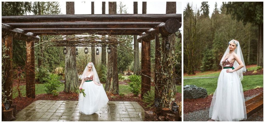 Premier snohomish & seattle wedding photographer | gsquared weddings photography a bride in a white gown and floral crown stands under a rustic wooden pergola in a lush snohomish garden holding her dress in one photo and posing with a bouquet in the other at this picturesque seattle wedding engagement | serving snohomish seattle                   & beyond