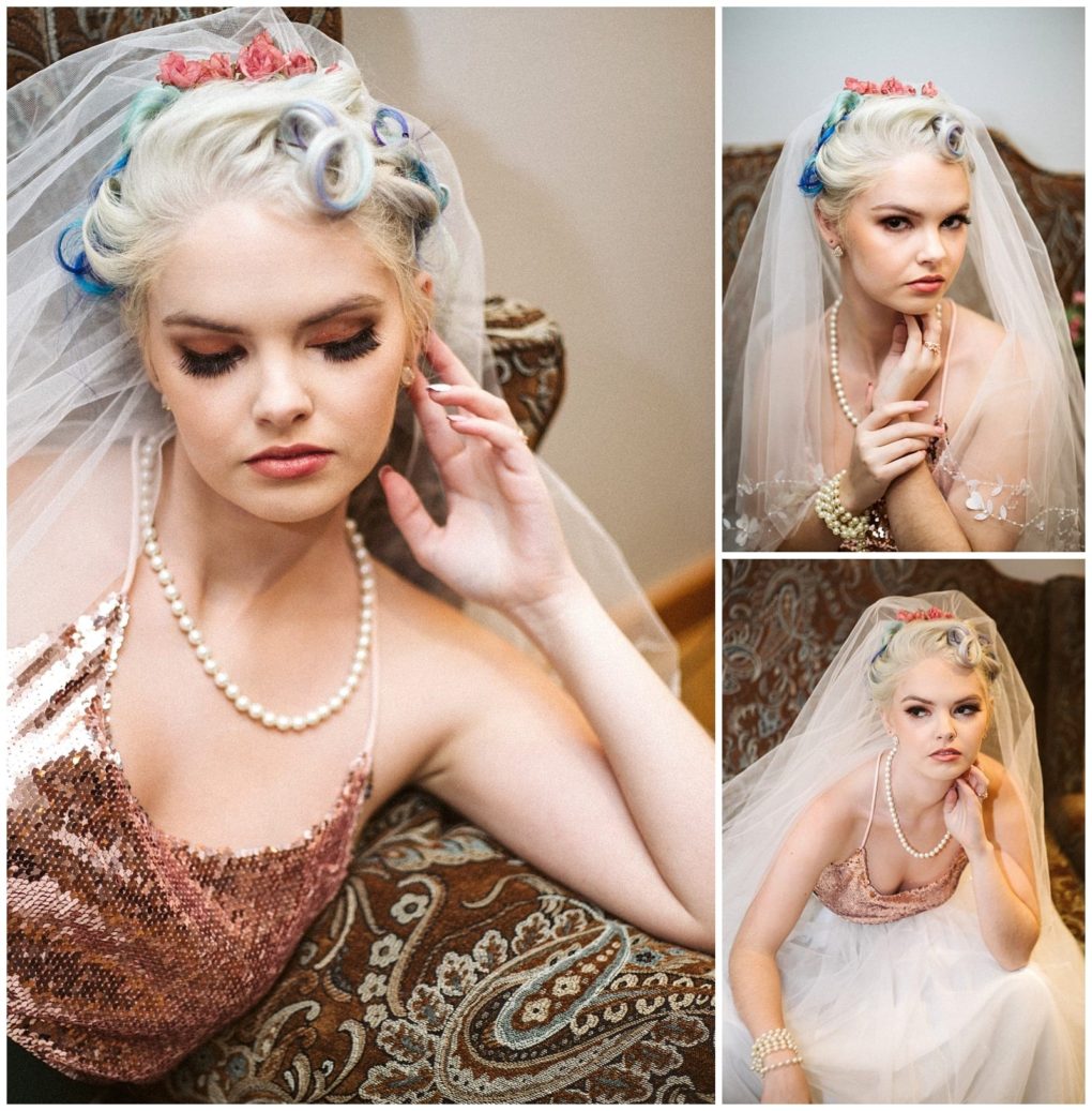 Premier snohomish & seattle wedding photographer | gsquared weddings photography a bride with platinum blonde hair in colorful curlers wearing a veil pearl necklace and sequined blush dress poses elegantly on a patterned chair in three snohomish seattle wedding themed engagement shots | serving snohomish seattle                   & beyond