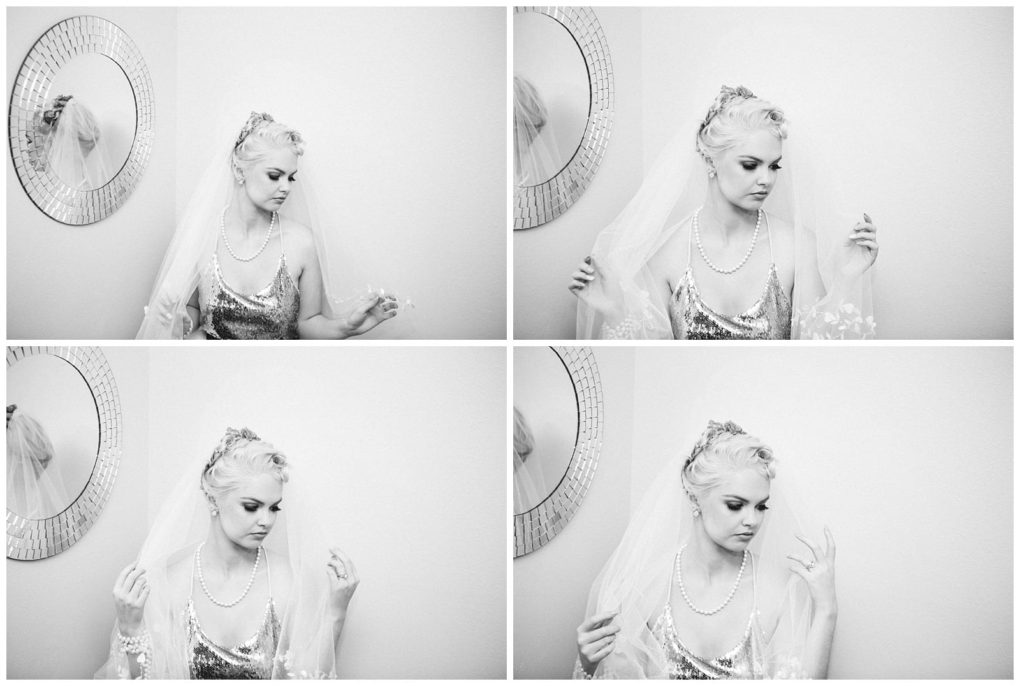 Premier snohomish & seattle wedding photographer | gsquared weddings photography a black and white photo collage captures a bride with light hair and a veil wearing a shiny dress and pearl necklace posing thoughtfully in four different ways near a wall mirror at her snohomish seattle wedding | serving snohomish seattle                   & beyond