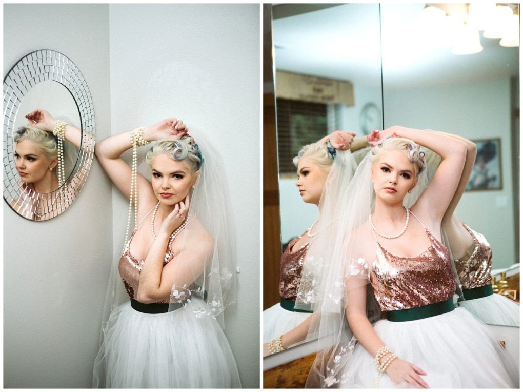 Premier snohomish & seattle wedding photographer | gsquared weddings photography a woman in a white tulle skirt and sparkly pink top poses indoors for a snohomish seattle engagement wearing a veil pearls and vintage style hairone photo by a circular mirror the other in front of a wall mirror | serving snohomish seattle                   & beyond