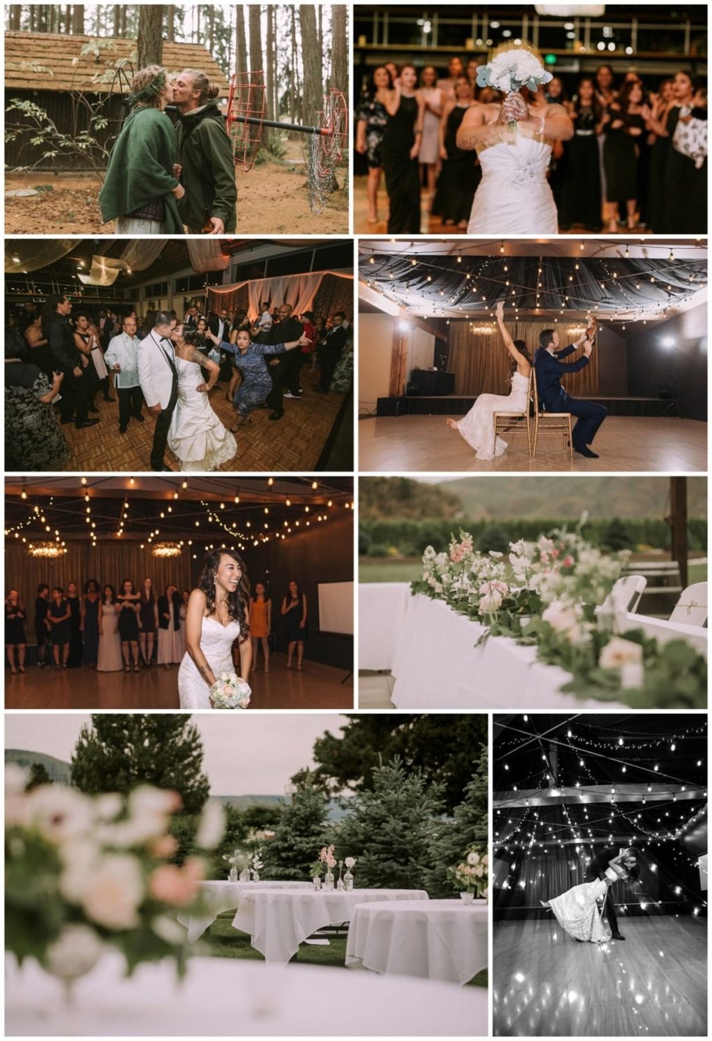 Premier snohomish & seattle wedding photographer | gsquared weddings photography a collage of snohomish seattle wedding photos shows a couple in the woods bride holding flowers group dancing newlyweds on the dance floor reception tables with floral decor and scenes under twinkling string lights | serving snohomish seattle                   & beyond