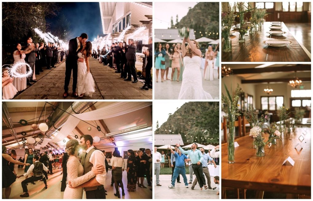 Premier snohomish & seattle wedding photographer | gsquared weddings photography a collage of snohomish and seattle wedding scenes including a couples sparkler exit bouquet toss dancing rustic reception tables and guests celebrating both indoors and outdoors | serving snohomish seattle                   & beyond