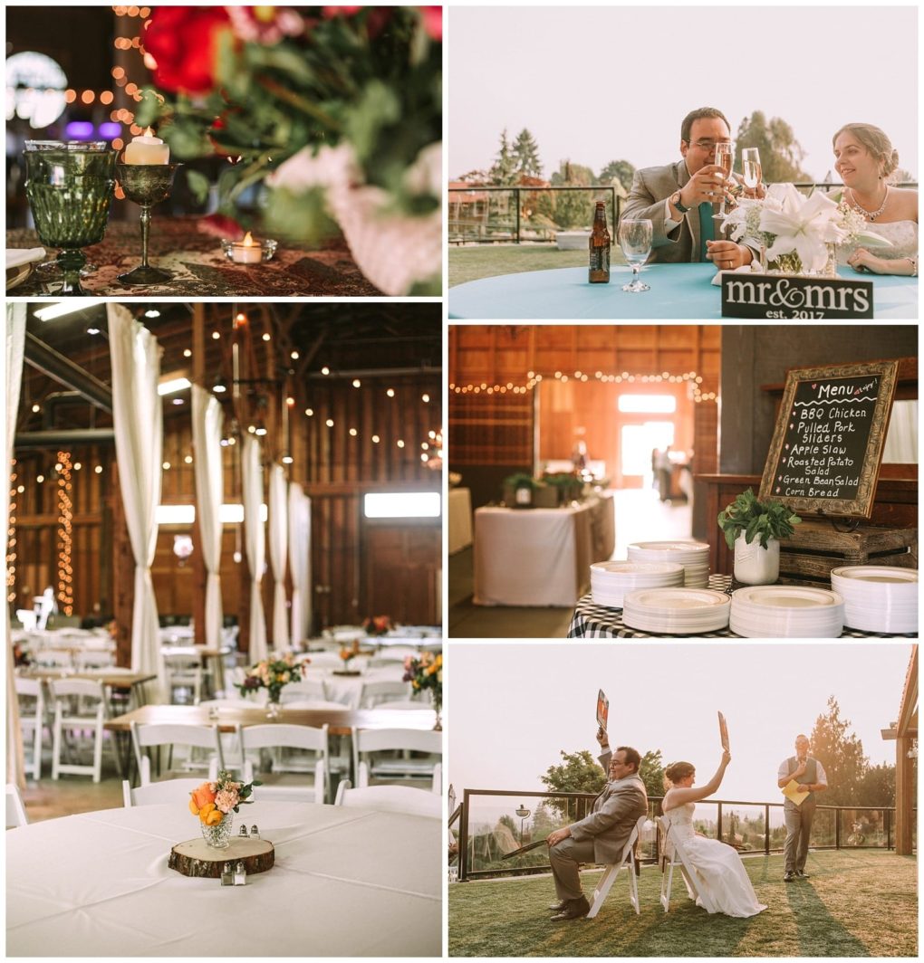 Premier snohomish & seattle wedding photographer | gsquared weddings photography a collage of five snohomish seattle wedding reception photos elegant table settings a couple toasting a rustic menu display decorated barn tables and the newlyweds playing paddleball outdoors | serving snohomish seattle                   & beyond