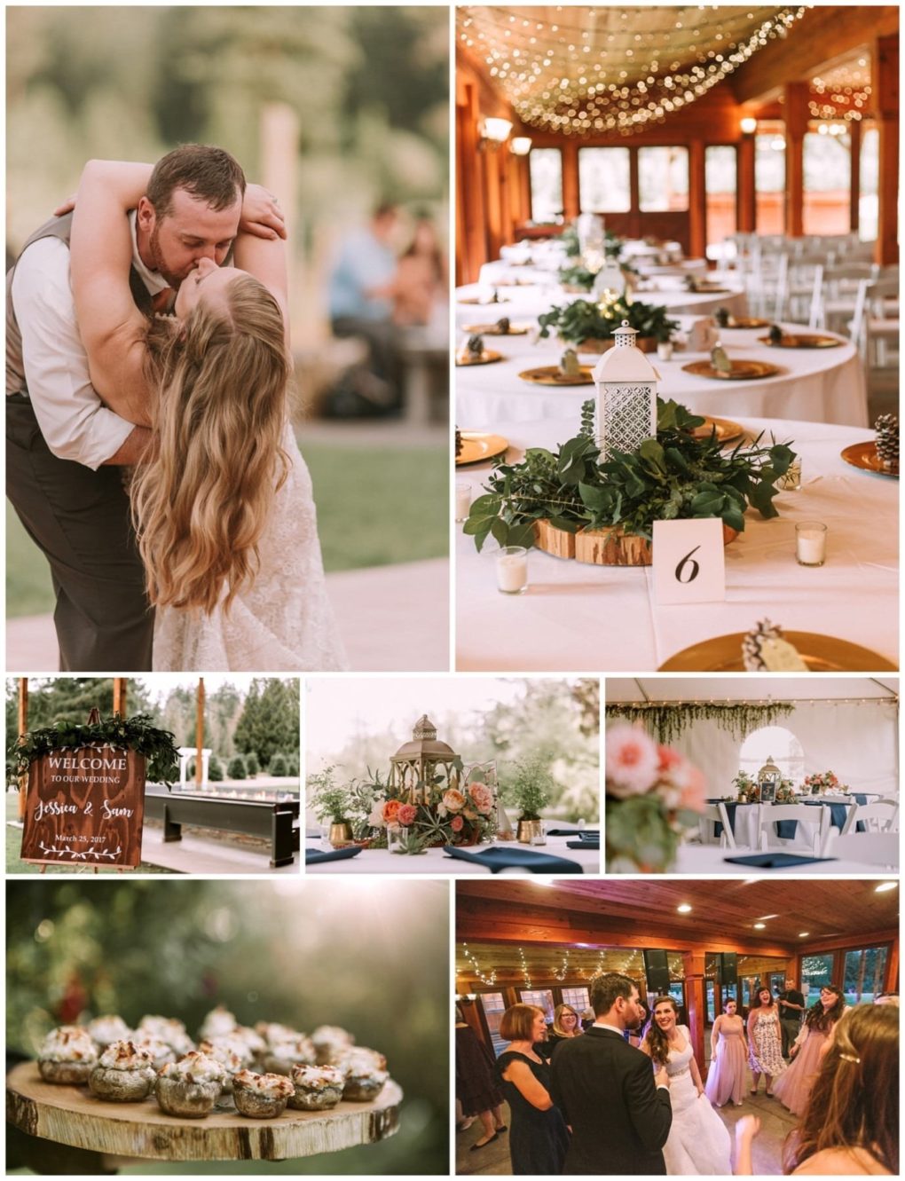 Premier snohomish & seattle wedding photographer | gsquared weddings photography collage of rustic snohomish wedding scenes bride and groom kissing decorated reception tables with lantern centerpieces cupcakes floral arrangements a welcome sign and guests dancing under string lights in a warmly lit venue | serving snohomish seattle                   & beyond