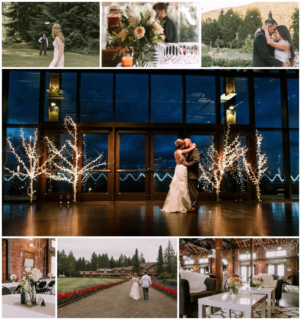Premier snohomish & seattle wedding photographer | gsquared weddings photography a collage of snohomish and seattle wedding photos featuring a couple outdoors floral arrangements an embrace by a large window with fairy lights and reception scenes in an elegant rustic venue | serving snohomish seattle                   & beyond