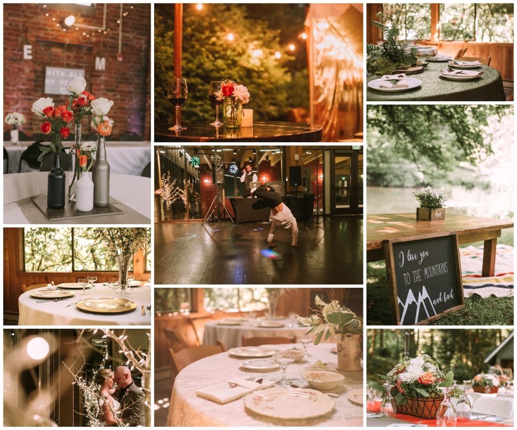 Premier snohomish & seattle wedding photographer | gsquared weddings photography collage of rustic snohomish wedding reception decor including floral centerpieces set tables string lights a wooden sign and a couple dancing on a wood floor surrounded by warm natural light and greenery | serving snohomish seattle                   & beyond