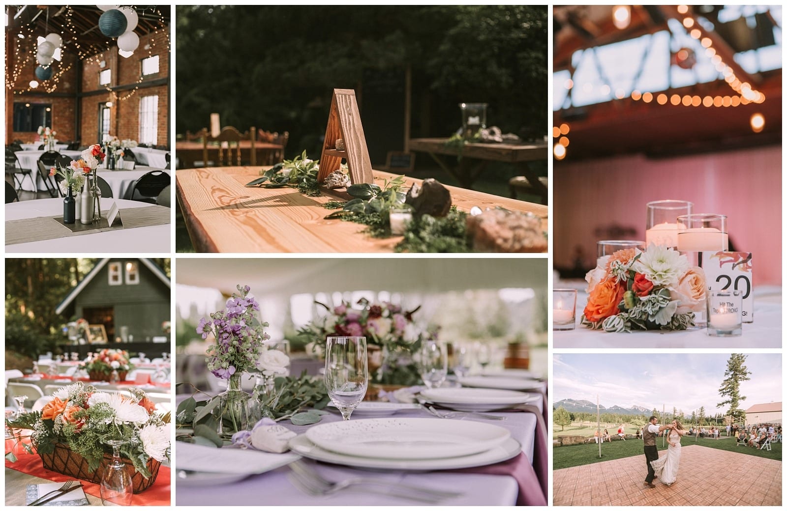 Premier Snohomish & Seattle Wedding Photographer | GSquared Weddings Photography A collage of Snohomish and Seattle wedding photos shows decorated tables with flowers and candles, an outdoor reception area, a wooden table centerpiece, and a dancing couple, set against both indoor and outdoor rustic venues.                                   | Serving Snohomish, Seattle ,                  & Beyond