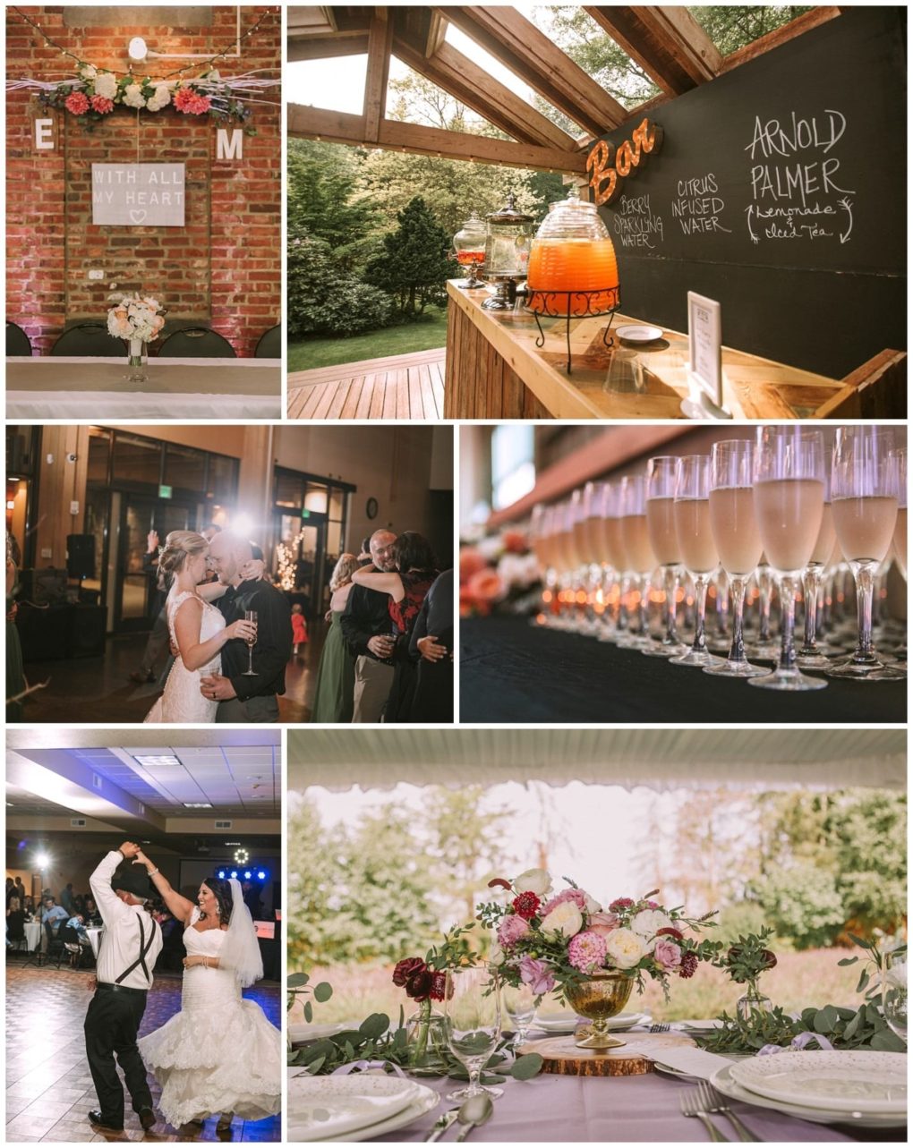 Premier snohomish & seattle wedding photographer | gsquared weddings photography a collage of six snohomish wedding photos floral decor on a brick wall outdoor drink bar bride dancing with an older man glasses of champagne bride and groom dancing and a table with a floral centerpiece near a window | serving snohomish seattle                   & beyond