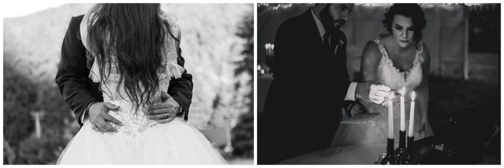 Premier snohomish & seattle wedding photographer | gsquared weddings photography a black and white diptych on the left a groom embraces a bride from behind outdoors in snohomish on the right a bride and groom light candles together at a table under soft lighting capturing an intimate seattle wedding moment | serving snohomish seattle                   & beyond