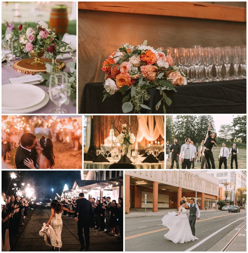 Premier snohomish & seattle wedding photographer | gsquared weddings photography a collage of snohomish and seattle wedding scenes featuring floral arrangements champagne glasses a couple kissing group photos guests with sparklers and the bride and groom walking and dancing outdoors | serving snohomish seattle                   & beyond