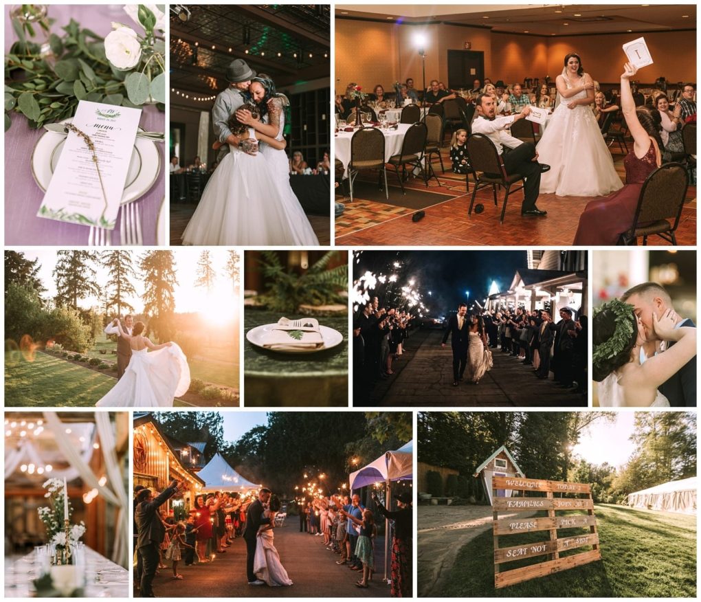 Premier snohomish & seattle wedding photographer | gsquared weddings photography a collage of snohomish wedding moments a menu on a table couple dancing guests celebrating outdoor ceremony newlyweds kissing sparkler exit dinner setup and rustic wooden signs with the couples names and wedding date | serving snohomish seattle                   & beyond