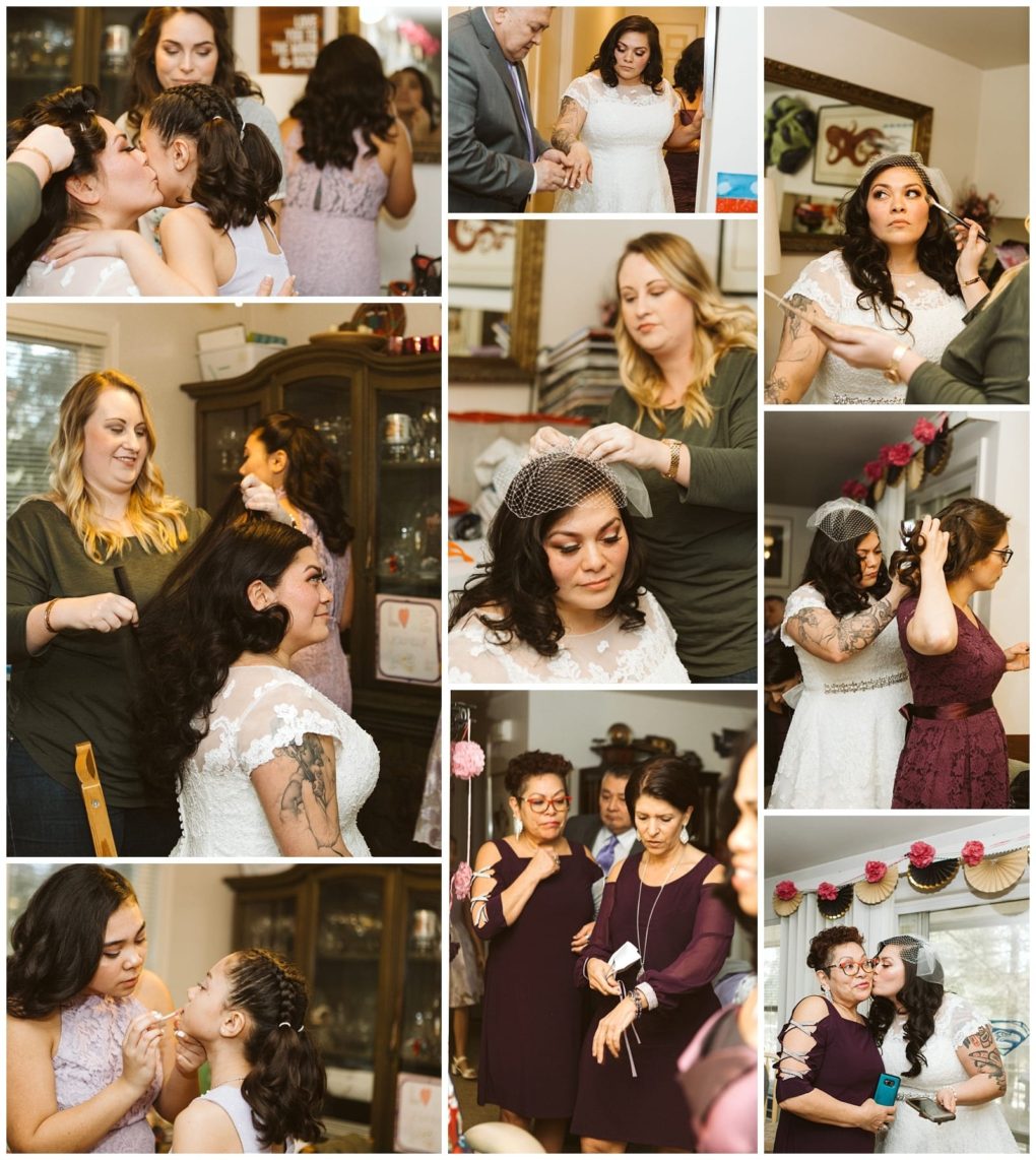Premier snohomish & seattle wedding photographer | gsquared weddings photography a collage of photos shows a snohomish bride getting ready with family and friends They help her with hair makeup and her dress sharing hugs and smiles in a warmly decorated home filled with joy and celebration | serving snohomish seattle                   & beyond