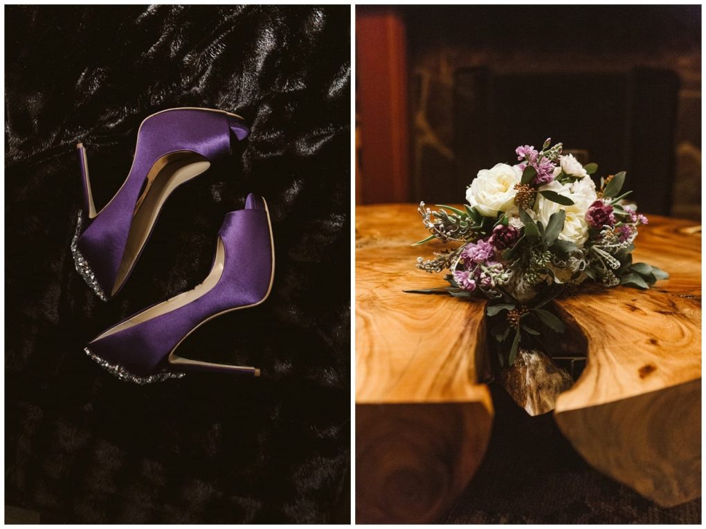 Premier snohomish & seattle wedding photographer | gsquared weddings photography a pair of purple high heels with jeweled heels on black fabric beside a bouquet of white purple and green flowers resting on a wooden tableperfect for a snohomish or seattle wedding or engagement | serving snohomish seattle                   & beyond