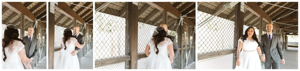 Premier snohomish & seattle wedding photographer | gsquared weddings photography a bride in a white dress surprises a man in a suit during a first look moment on a covered wooden bridge near snohomish they smile and hold hands capturing the joy of their seattle wedding engagement | serving snohomish seattle                   & beyond