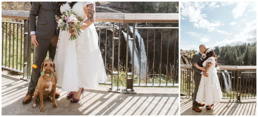 Premier snohomish & seattle wedding photographer | gsquared weddings photography a bride and groom pose in wedding attire by a railing overlooking a waterfall at their snohomish seattle wedding a brown dog with a green ball sits beside them In another photo the couple embraces framed by trees and the waterfall | serving snohomish seattle                   & beyond