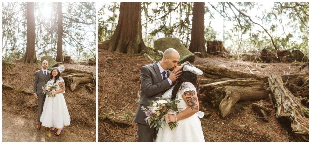 Premier snohomish & seattle wedding photographer | gsquared weddings photography a bride and groom stand together in a forest near snohomish in one photo they smile at the camera and in the other the groom kisses the brides forehead as she holds her bouquet Sunlight filters through tall trees behind this seattle wedding moment | serving snohomish seattle                   & beyond