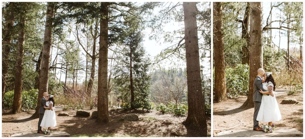 Premier snohomish & seattle wedding photographer | gsquared weddings photography a couple embraces in a sunlit forest clearing The left image shows them standing among tall trees while the right close up captures their smiles during a snohomish seattle wedding engagement session under the trees | serving snohomish seattle                   & beyond