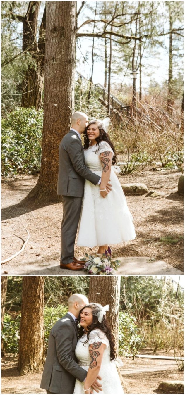 Premier snohomish & seattle wedding photographer | gsquared weddings photography a couple stands close together in a snohomish forest dressed in wedding attire The groom wears a gray suit the bride a white lace dress and bouquet They look lovingly at each other under tall treesperfect for a seattle wedding engagement | serving snohomish seattle                   & beyond