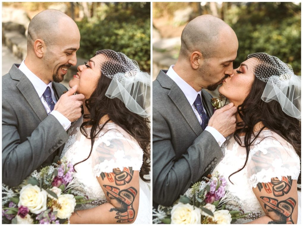 Premier snohomish & seattle wedding photographer | gsquared weddings photography a newlywed couple embraces outdoors at their snohomish seattle wedding in the left photo they smile lovingly at each other while on the right they share a deep kiss The bride holds a bouquet and wears a veil the groom is in a gray suit | serving snohomish seattle                   & beyond