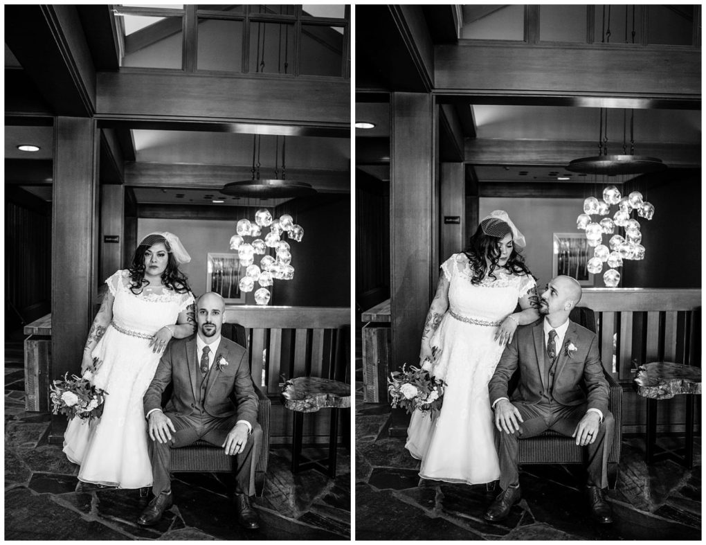 Premier snohomish & seattle wedding photographer | gsquared weddings photography a bride in a white dress and a groom in a suit pose indoors at their snohomish seattle wedding in one photo she stands beside him with a bouquet and in another she lovingly places her hand on his shoulder as he looks up at her | serving snohomish seattle                   & beyond