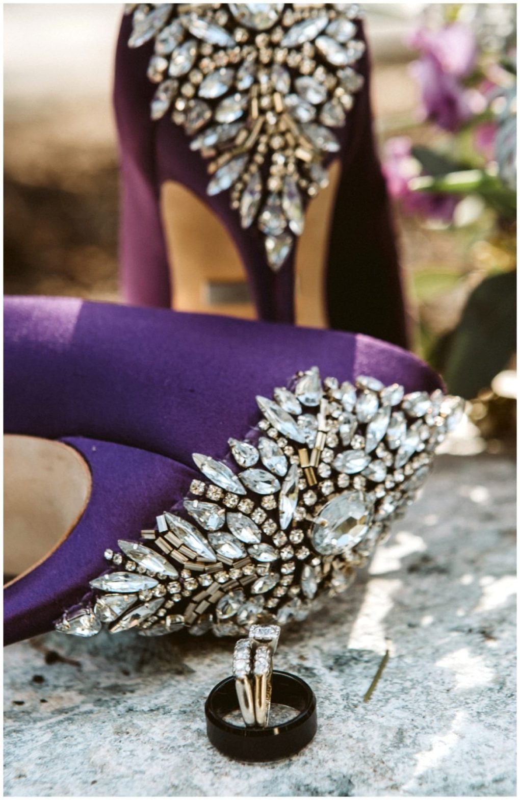 Premier snohomish & seattle wedding photographer | gsquared weddings photography close up of purple high heels with sparkling crystal embellishments with a diamond engagement ring and a black wedding band in frontperfect for a romantic snohomish seattle wedding engagement moment | serving snohomish seattle                   & beyond